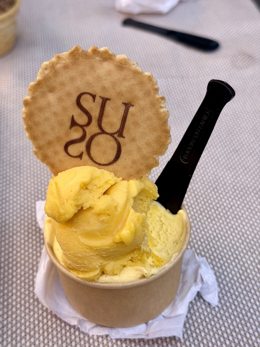 A cup of mango gelato from Suso in Venice with a SUSO branded biscuit on top
